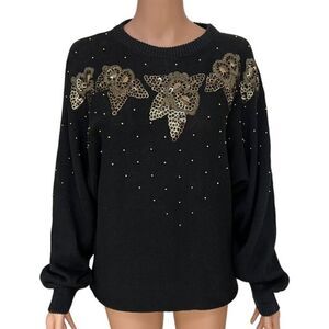 Dana Scott Vintage ramie/cotton embelished black sweater size M Shoulder Pads